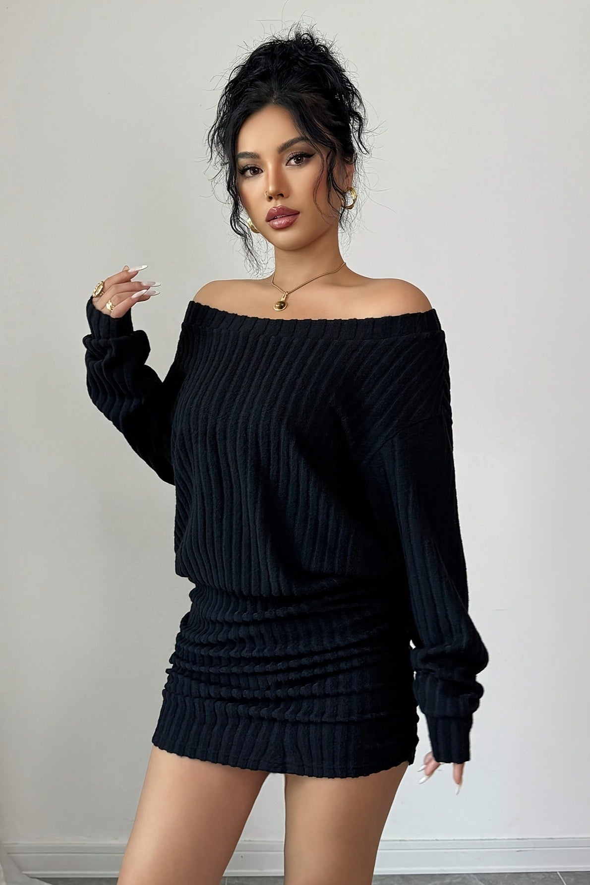 Ribbed Off Shoulder Long Sleeve Ruched Mini Dress
