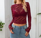 Floral Print Mesh O-Neck Long Sleeve Sheer Top