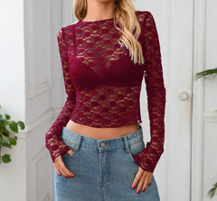 Floral Print Mesh O-Neck Long Sleeve Sheer Top