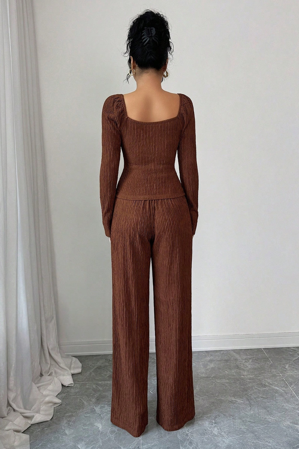 Rose Button Square Neck Top Wide Leg Pants Two Piece Set