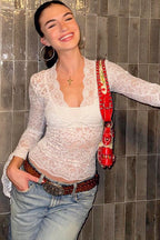 Deep V Long Sleeve Lace Trim Crop Top