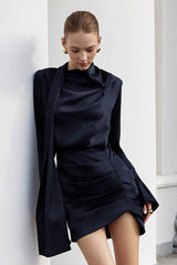 Matte Satin Flare Sleeve Stand Collar Elegant Formal Dress