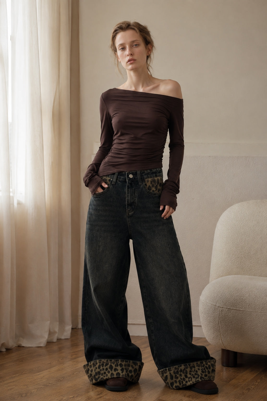 Patchwork Vintage Leopard Cuffed Wide Leg Jeans