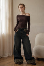 Patchwork Vintage Leopard Cuffed Wide Leg Jeans