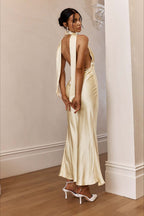 Solid Deep V Halter Backless Fitted Dress