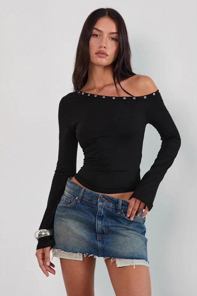 Studded Rhinestone One Shoulder Long Sleeve Top Secondary image