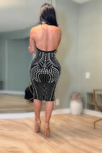 Backless Sleeveless Rhinestone Mesh Milk Silk Cocktail Dress