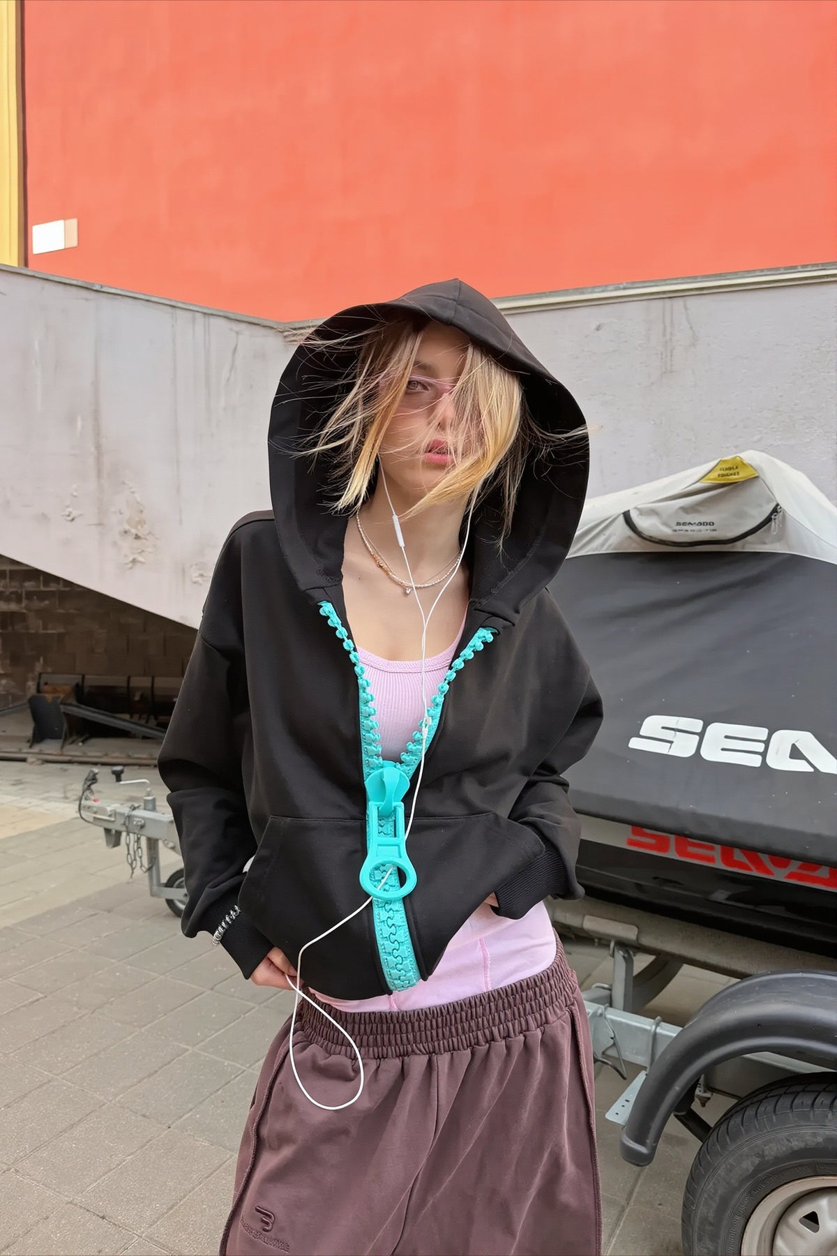 Contrast Oversized Ring Pull Zip Hoodie Main image