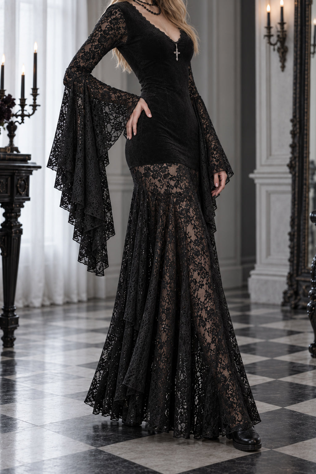 Lace Sleeve Velvet Effect Maxi Dress