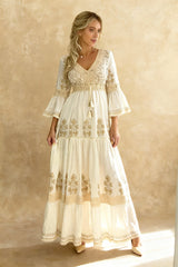 White Flare-Sleeve Ethnic Boho Dress