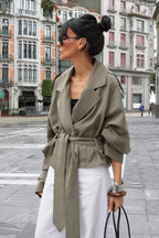 Olive Wide Lapel Belted Cropped Trench Coat