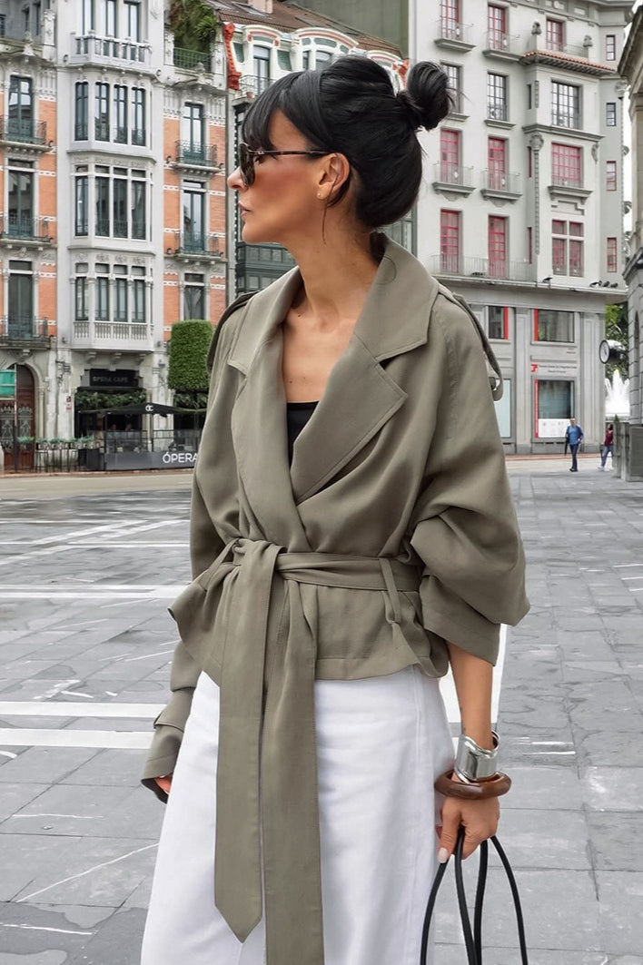 Olive Wide Lapel Belted Cropped Trench Coat