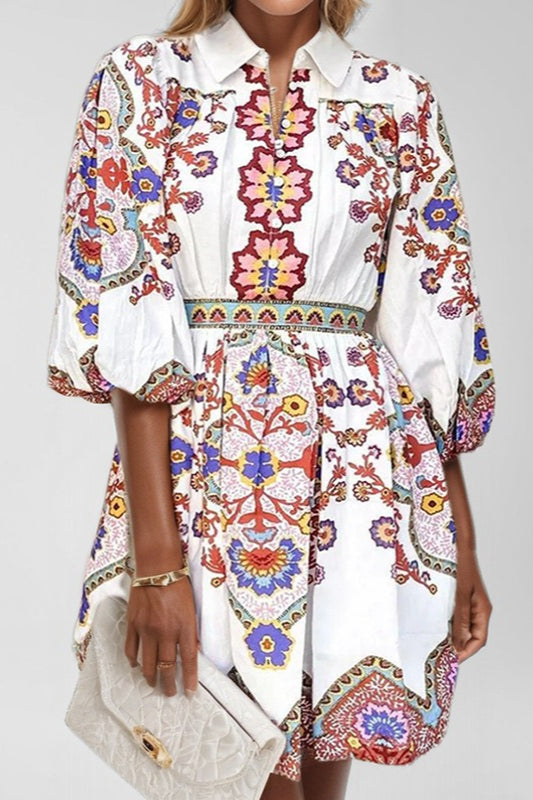 Ethnic Floral Lantern Sleeve Collared Boho Dress Main image