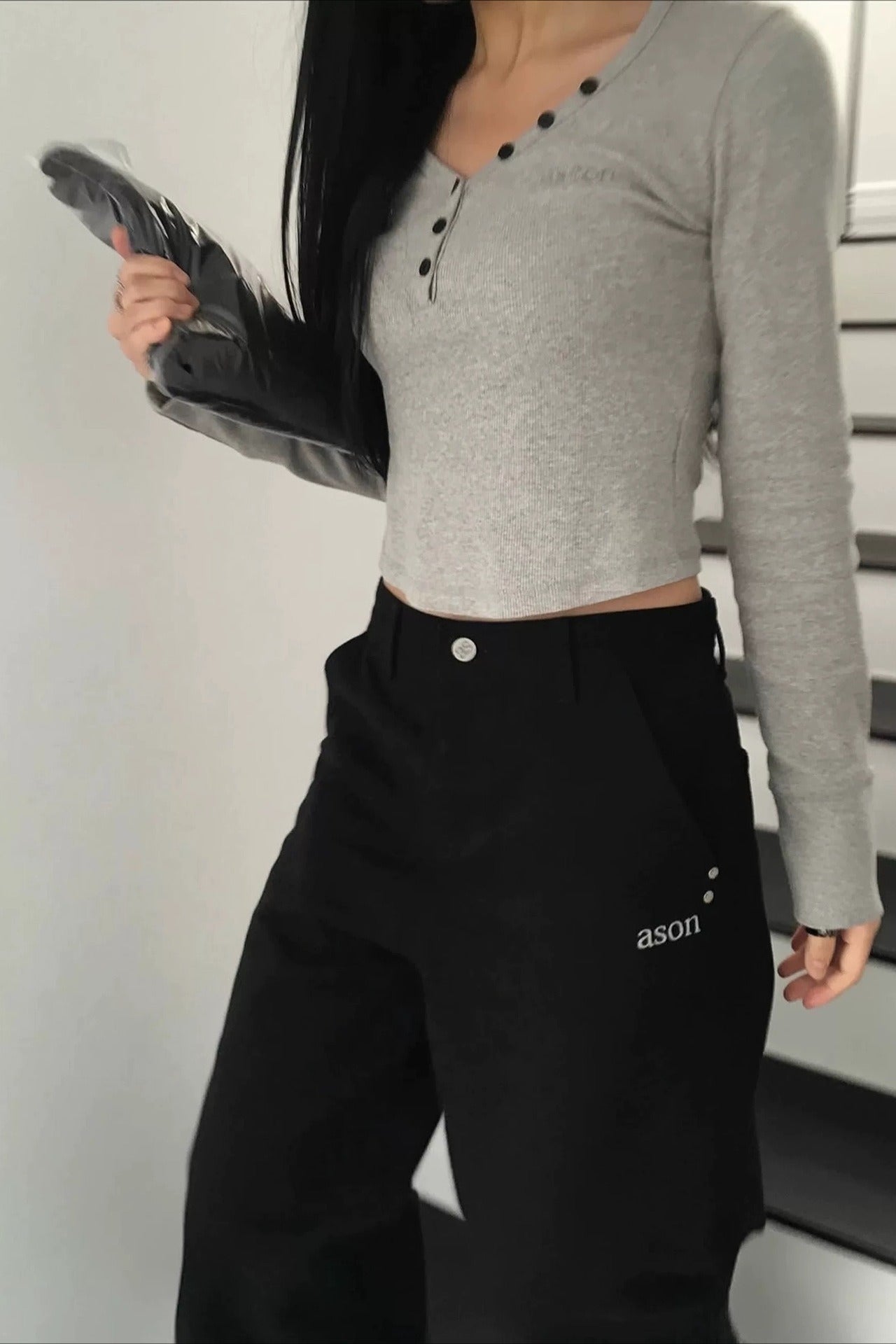 High Waist Embroidered Letter Pocket Loose Straight Jeans Secondary image