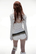 Wing Print Wide Neck Asymmetric Long T-Shirt