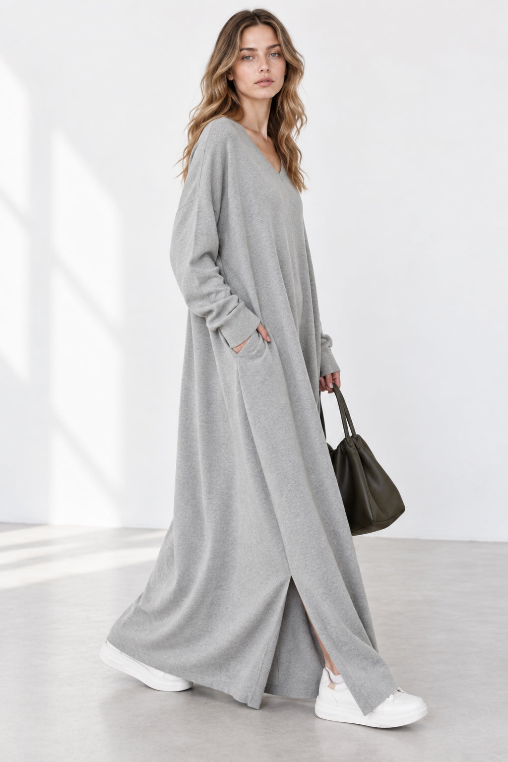 Slit Hem V Neck Sweatshirt Dress