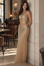 Dark Gold Crochet Halter Maxi Skirt Set