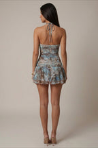 Halter Leopard Sequin Cutout Ruffle Mini Dress