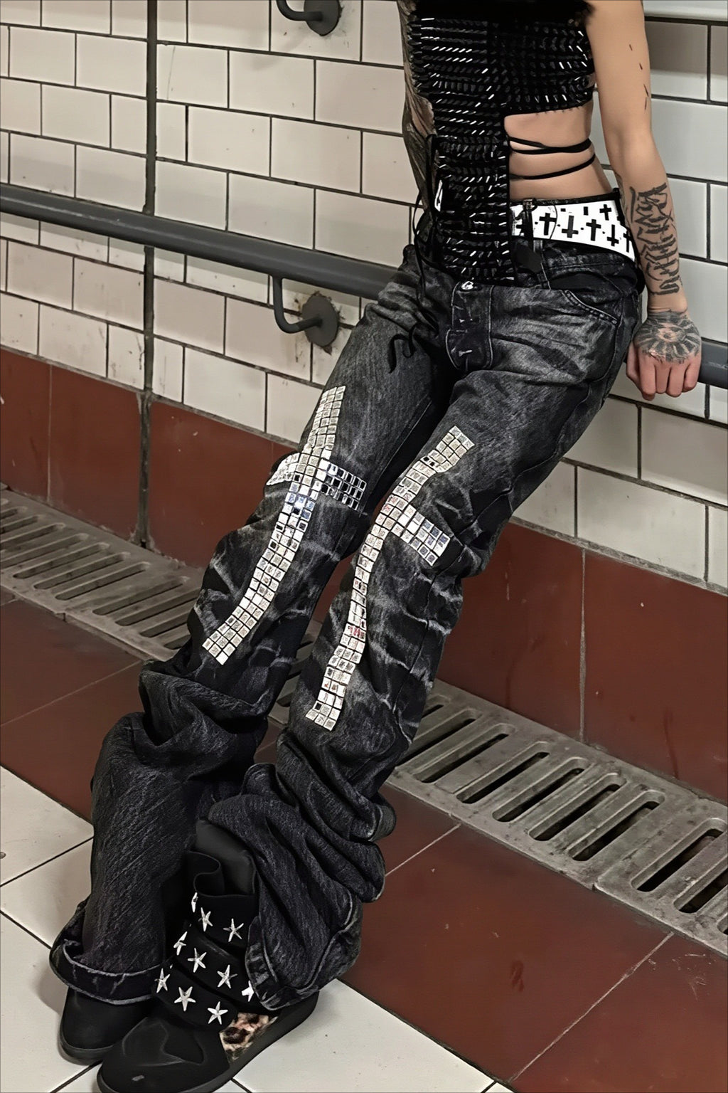 Cross Patchwork Washed Biker Straight Jeans