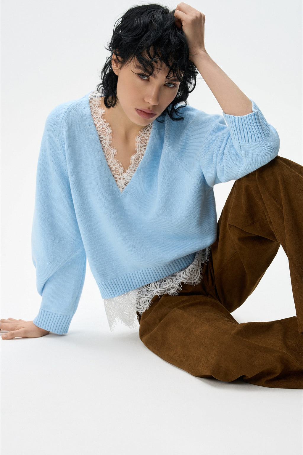 Lace Edge V Neck Relaxed Pullover Sweater