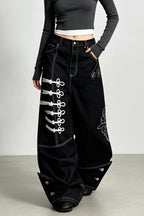 Embroidered Ribbon Black Wide Leg Jeans