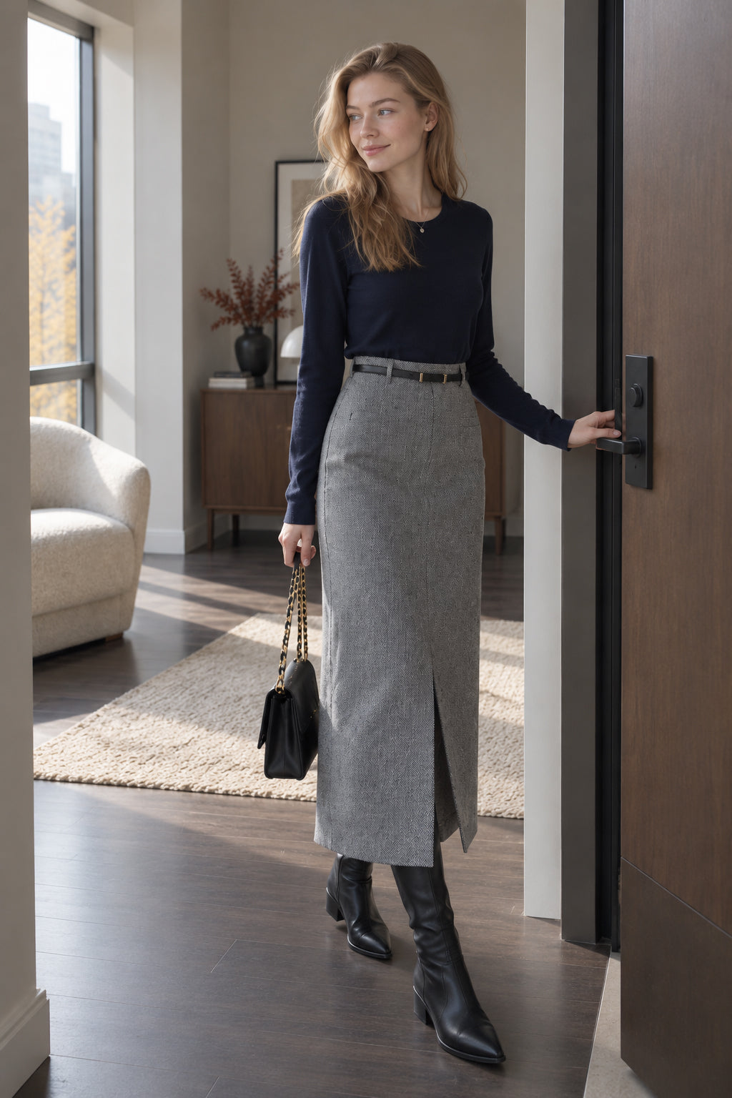 Elegant Striped Faux Wool Belted Casual High Waist A-Line Skirt