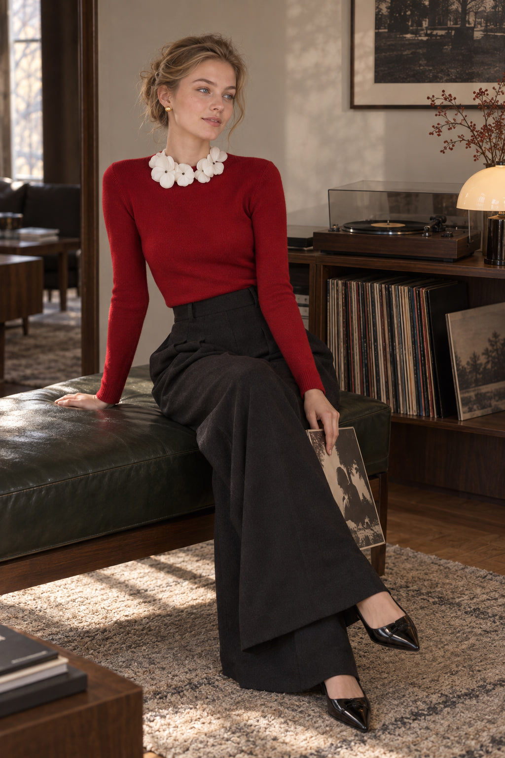 Solid Long Sleeve Floral Knit Top