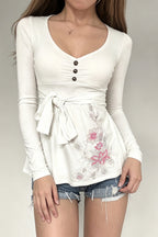 Floral Button Front Tie Waist Long Sleeve T-Shirt
