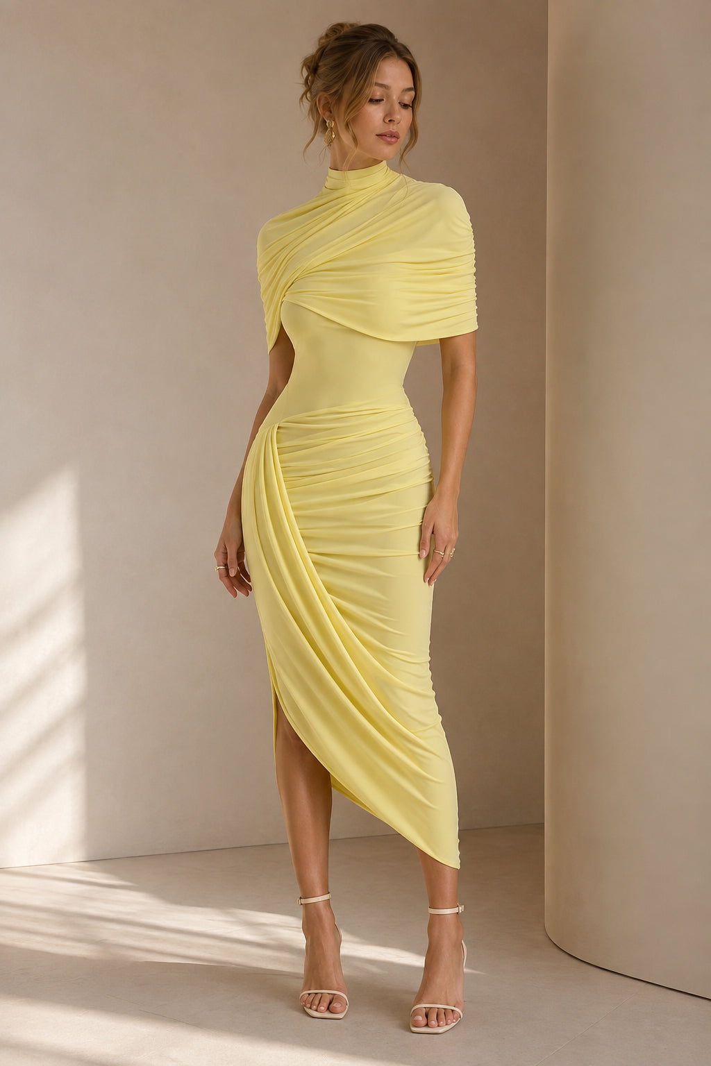 Ruched Turtleneck Midi Dress