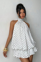 Polka Dot Halter Backless Lace-Up Flared Mini Dress