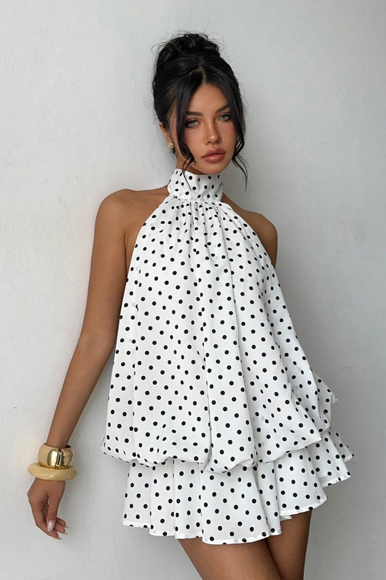 Polka Dot Halter Backless Lace-Up Flared Mini Dress