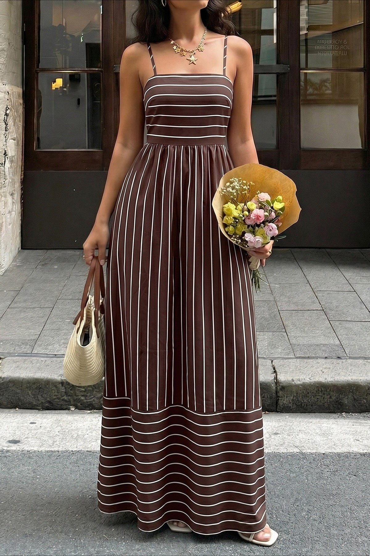 Striped Cami Backless Cutout Midi Dress
