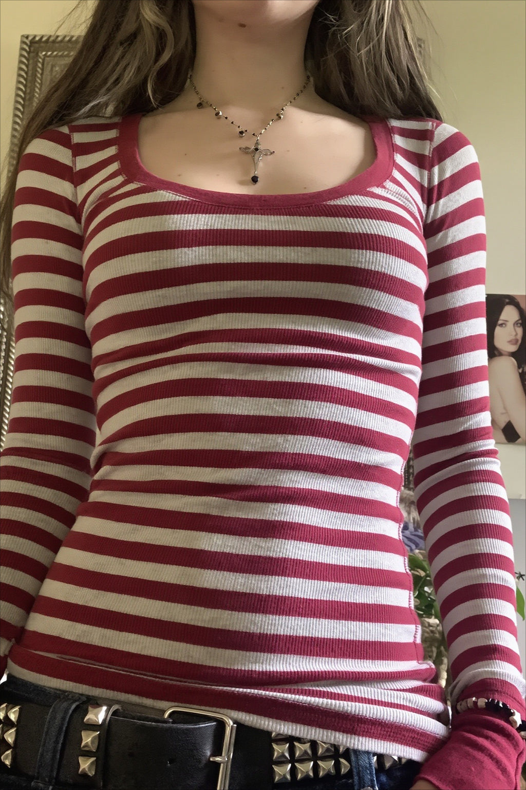 Striped Scoop Neck Fitted Long Sleeve T-Shirt