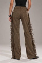 Side Fringe Suede Look Wide Leg Pants