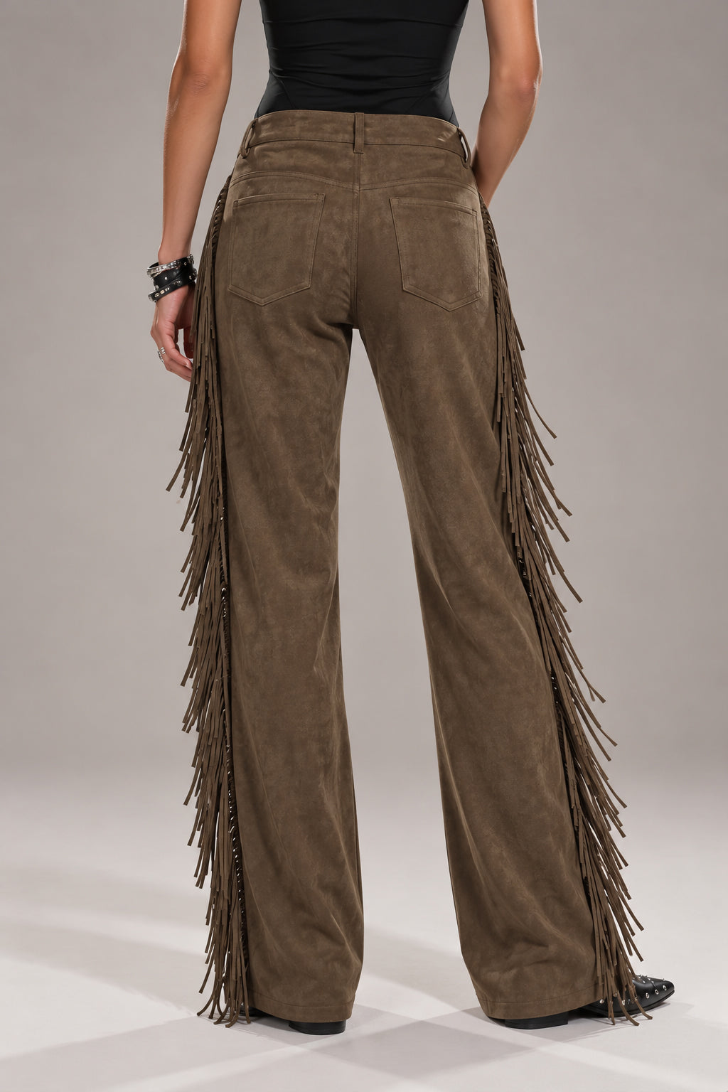Side Fringe Suede Look Wide Leg Pants
