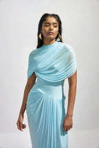 Draped Cape Shoulder Ruched Column Maxi Dress