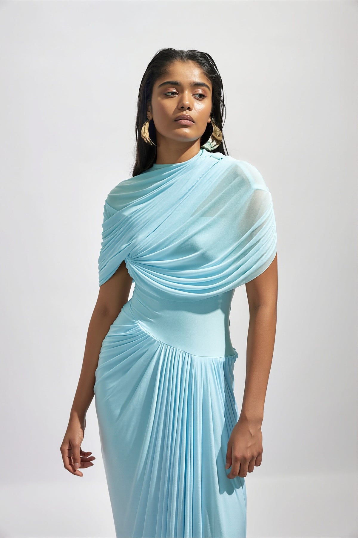 Draped Cape Shoulder Ruched Column Maxi Dress