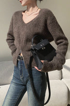 Brown V-Neck Soft Knit Top