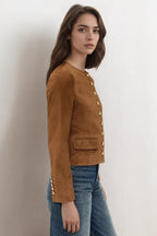 Metallic Button Cropped Suede Jacket