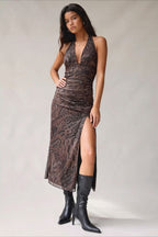 Printed Mesh Halter Side Ruched Slit Midi Dress