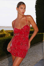 Beaded Sequin Lace Up Back Mini Dress