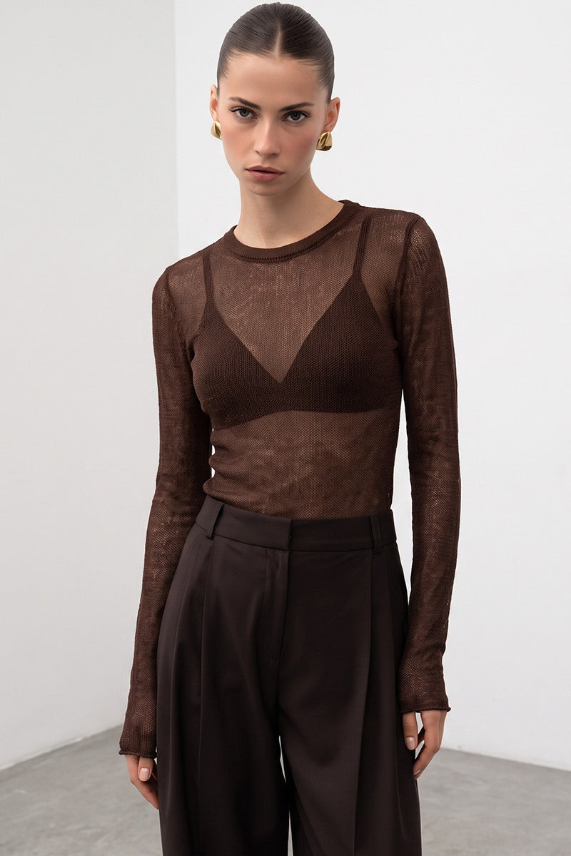 Sheer Round Neck Long Sleeve Knit Top