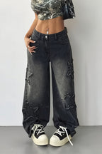 Star Patch High Rise Wide Leg Jeans