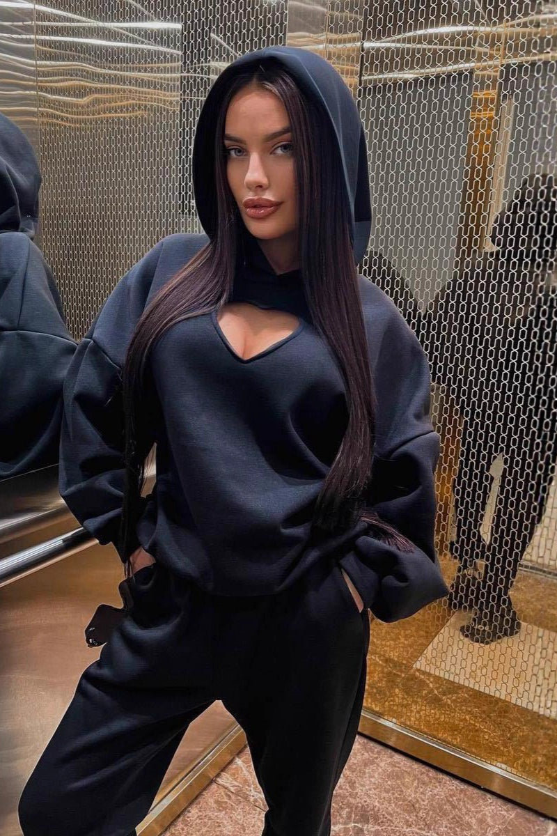 Solid Heart Cutout Long Sleeve Hoodie