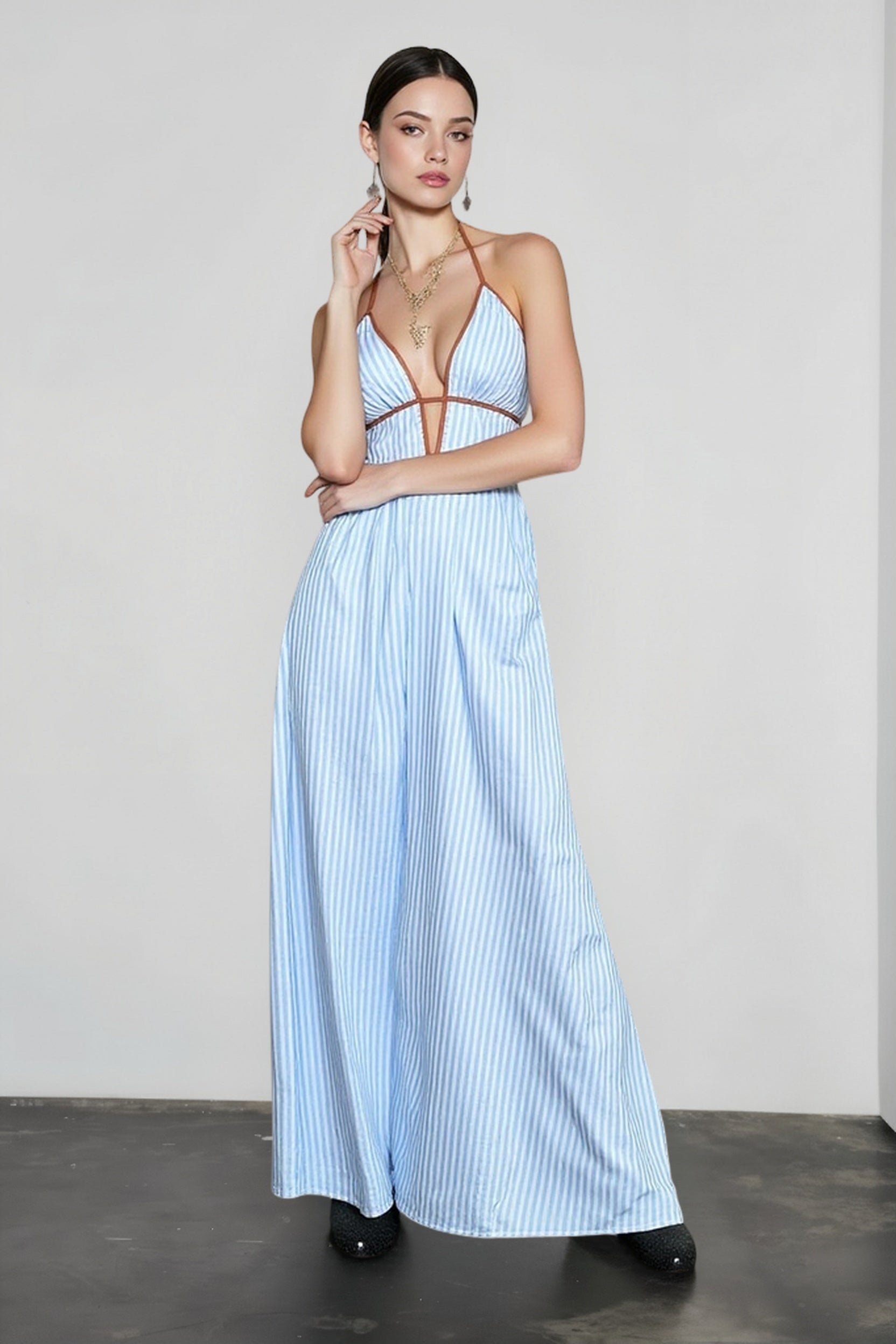 Deep V Striped Halter Vacation Dress Secondary image