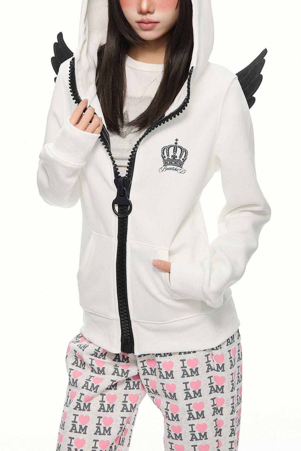 Angel Wing Contrast Zip Up Hoodie