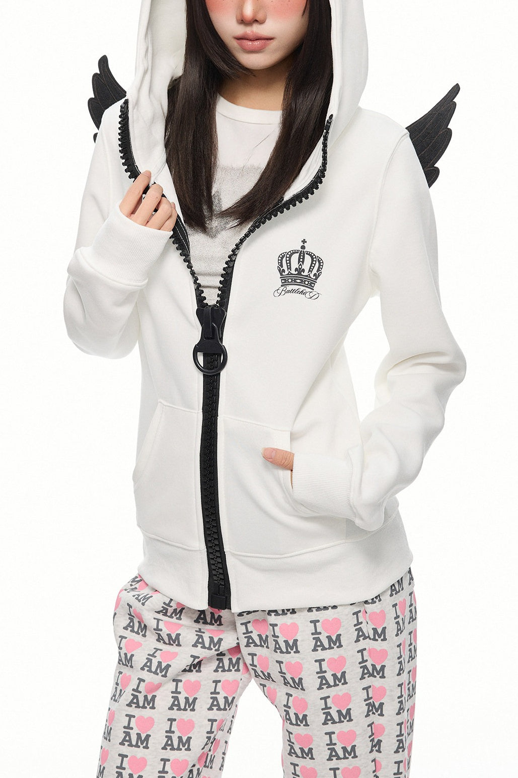 Angel Wing Contrast Zip Up Hoodie