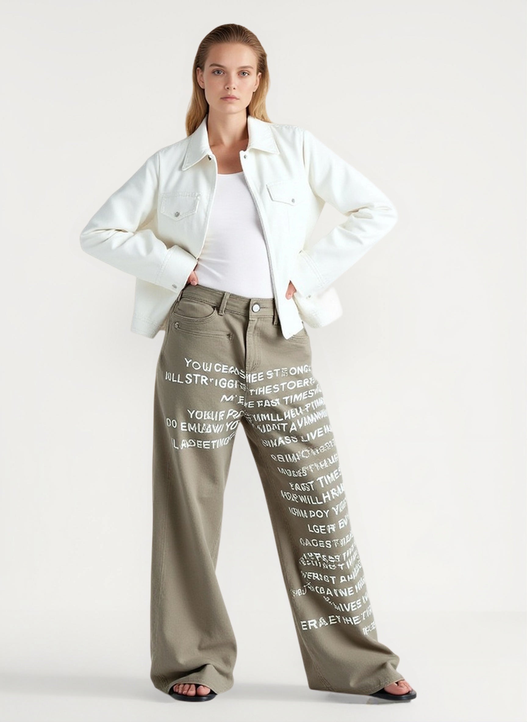 Vintage Washed Letter Print Wide Leg Slim Floor Length Jeans Secondary image
