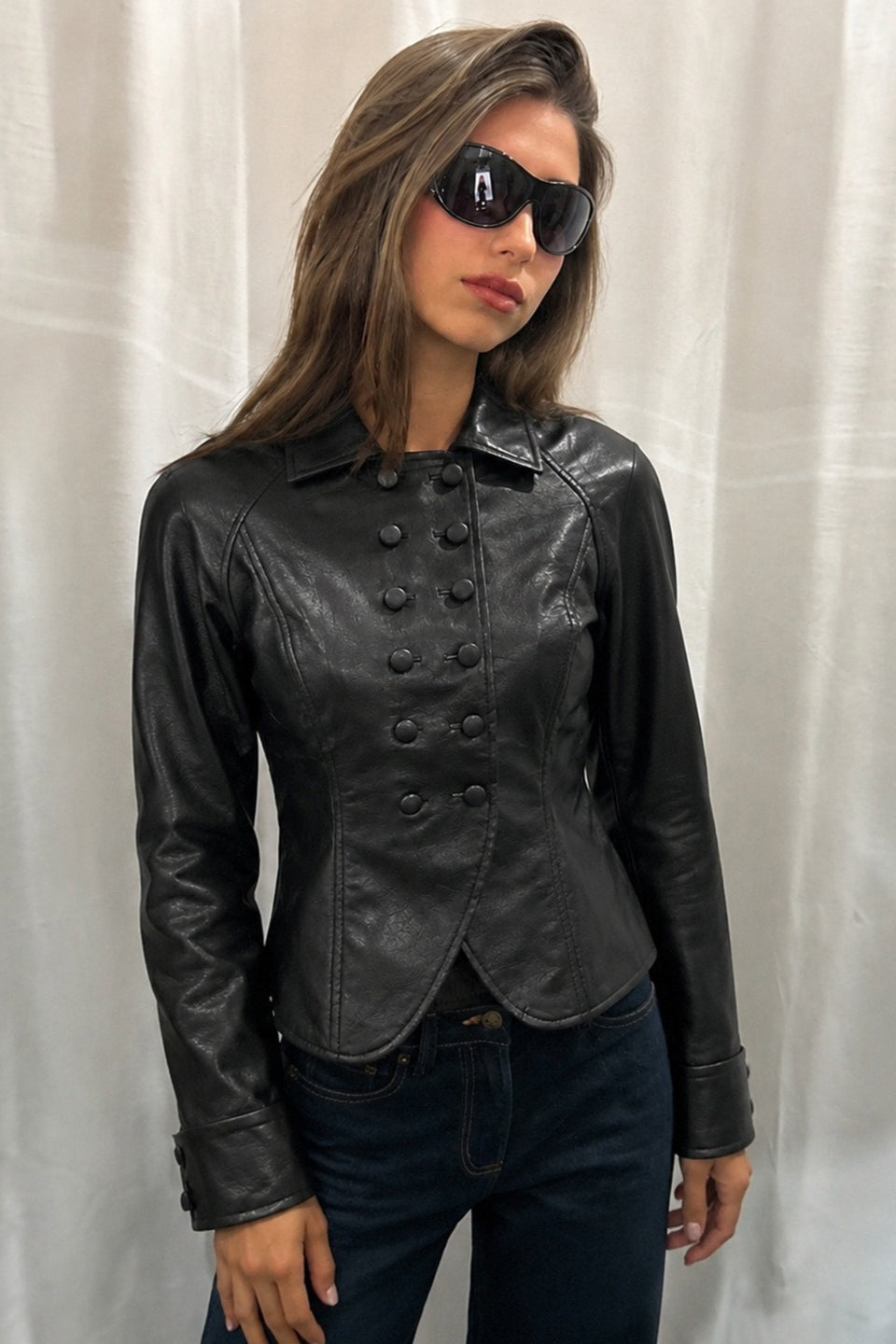 Double Breasted Faux Leather Fitted Jacket