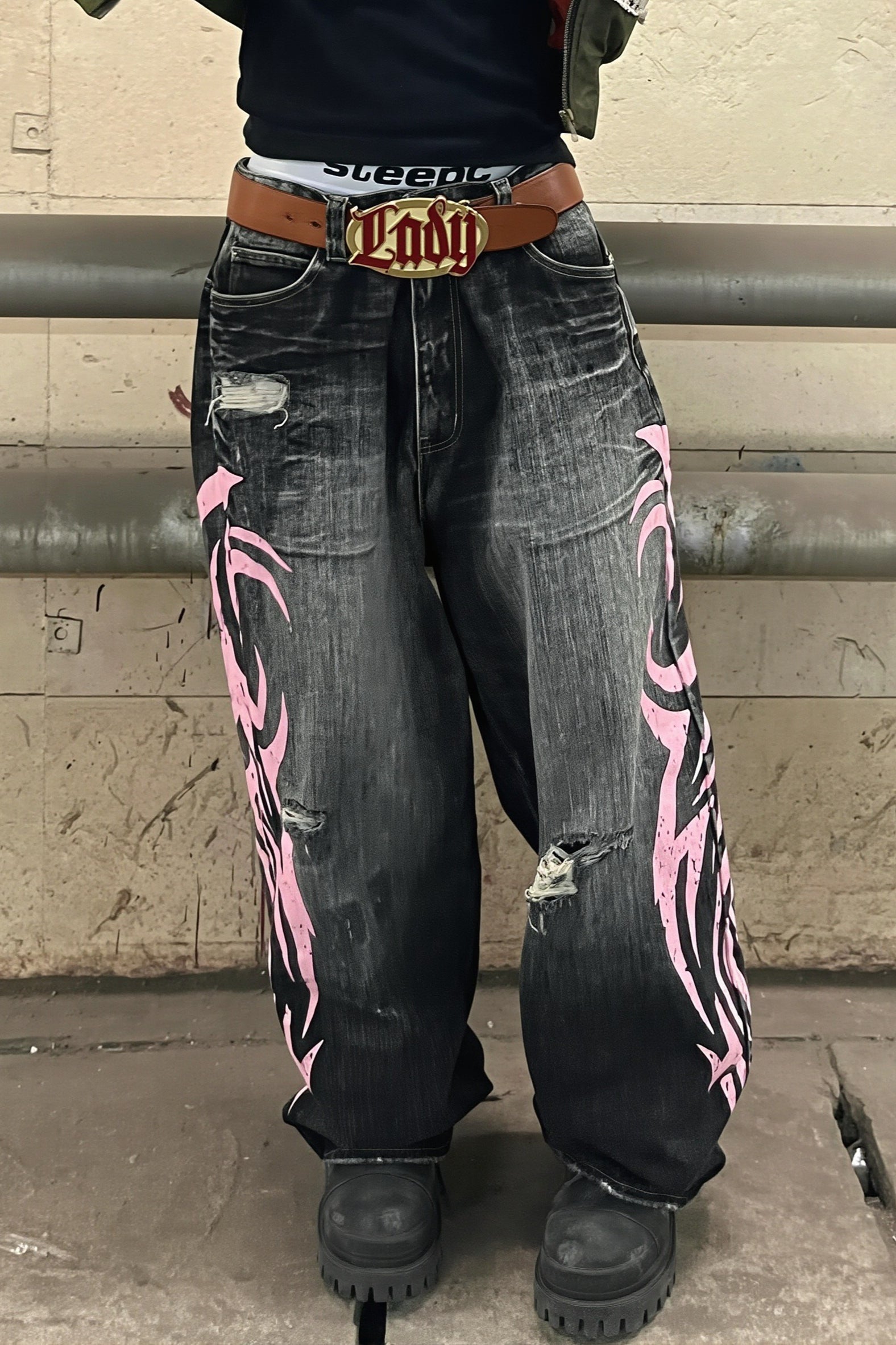 Washed Printed Loose Fit Wide Leg Jeans Secondary image